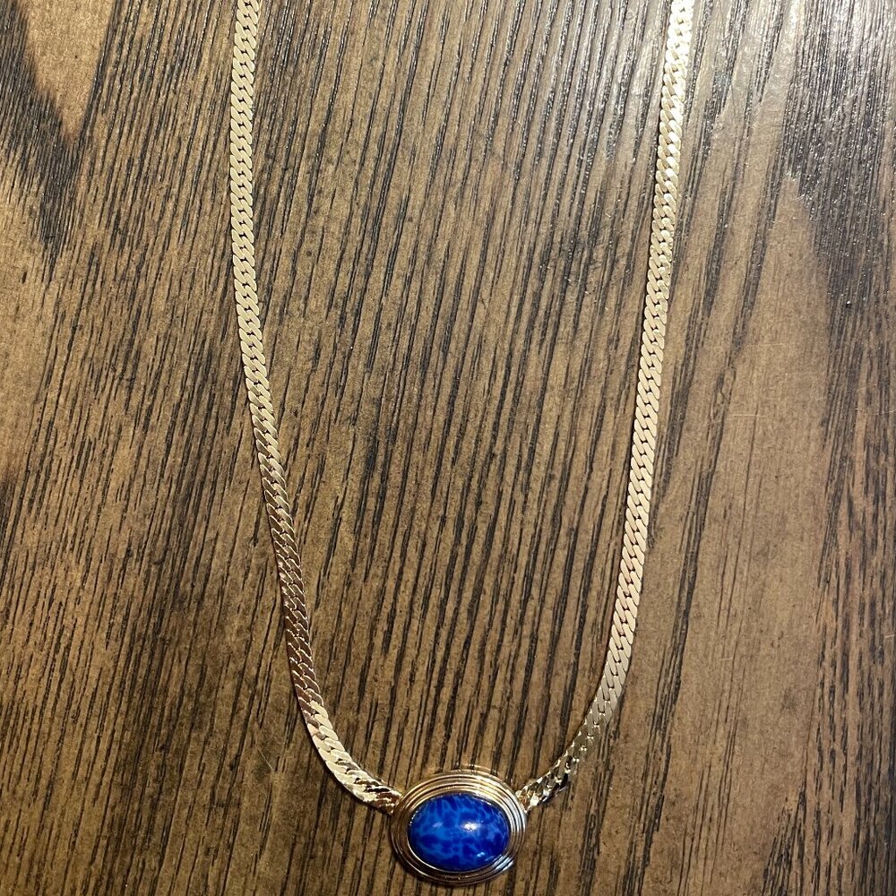 Vtg. Christian Dior Gold-tone Necklace w/ Blue Oval Stone
